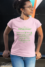 Load image into Gallery viewer, What Are Excuses? Pink/Green Special Edition Greek Poem Short Sleeve T-Shirt
