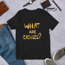 Load image into Gallery viewer, What Are Excuses? Black/Gold Special Edition Greek Short Sleeve T-Shirt
