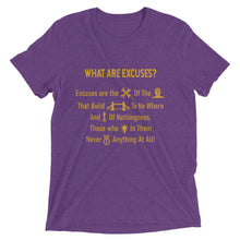 Load image into Gallery viewer, What Are Excuses? Purple/Gold Special Edition Greek Poem Short Sleeve T-Shirt
